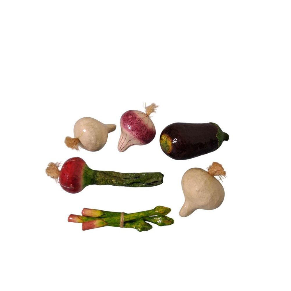 Paper Mache Vegetables Home Decor Set Eggplant Radish Turnips & Asparagus